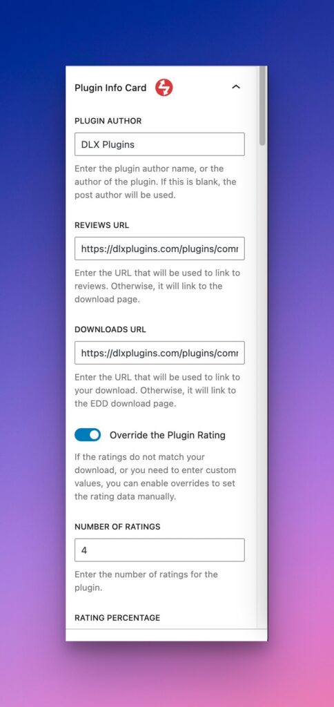 EDD Sidebar Options for Plugin Info Card