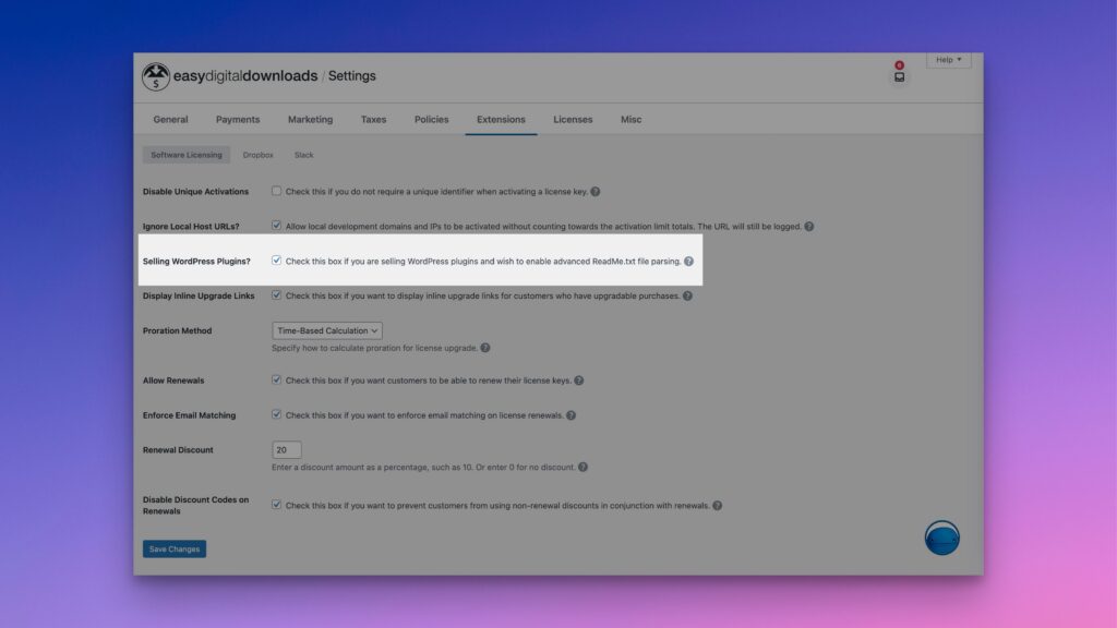 EDD Softare Licensing Readme Options