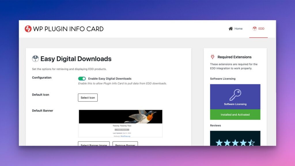 Easy Digital Download Settings in WP Plugin Info Card