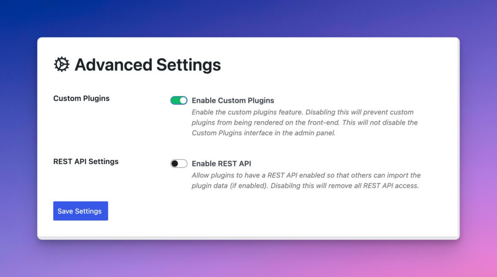 Custom Plugin Card Advanced Settings