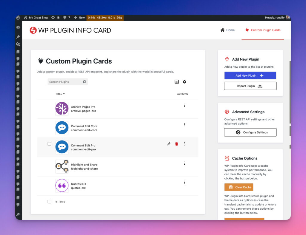 Custom Plugin Card Admin Settings
